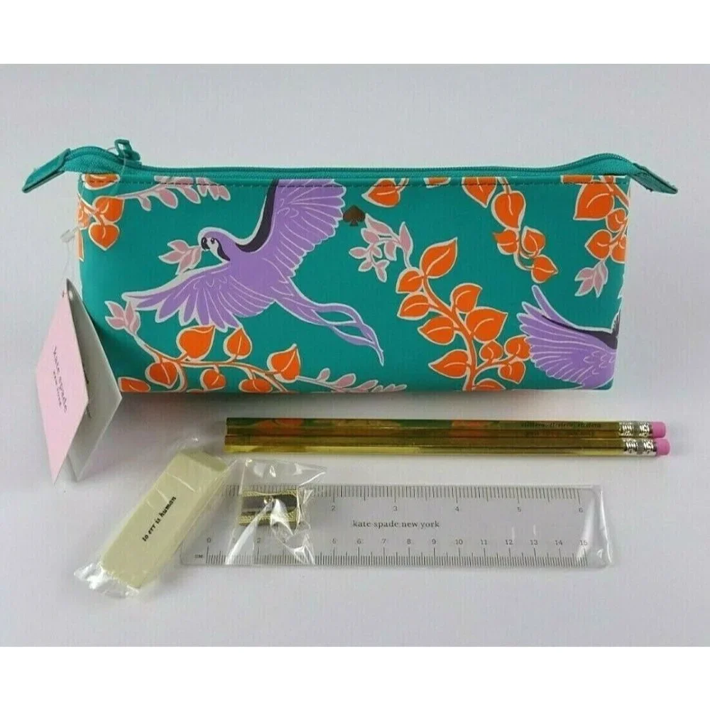 Kate Spade BIRD Party Pencil Case Pouch Ruler Eraser Sharpener Pencils 6-PC Set - Picture 2 of 11